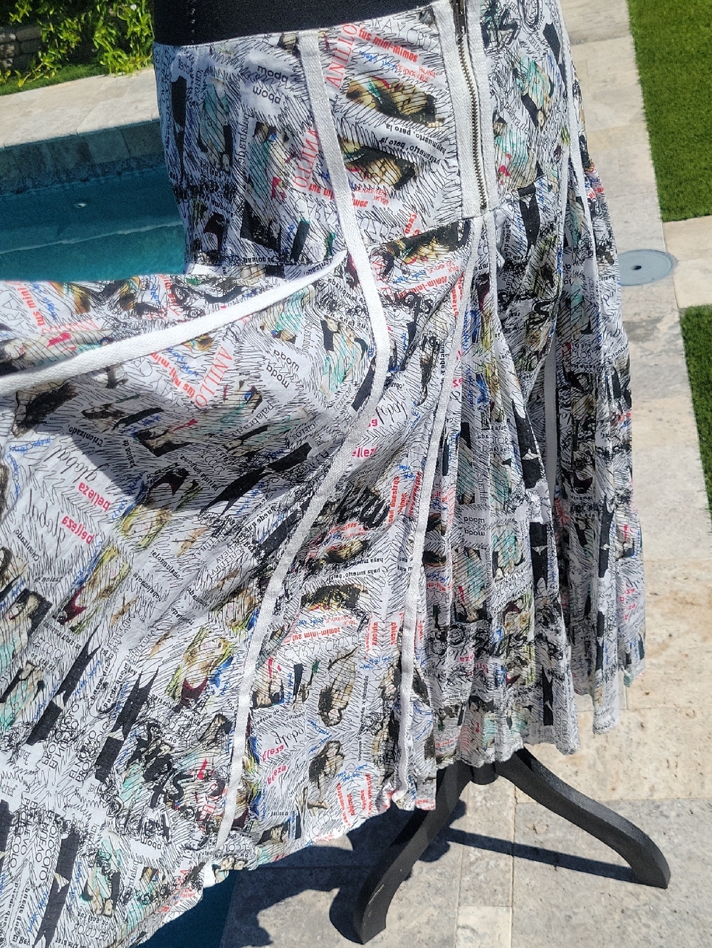 Desigual Newspaper Print Midi Skirt Paneled Y2K Novelty Graphic A-Line M/L - Picture 8 of 13